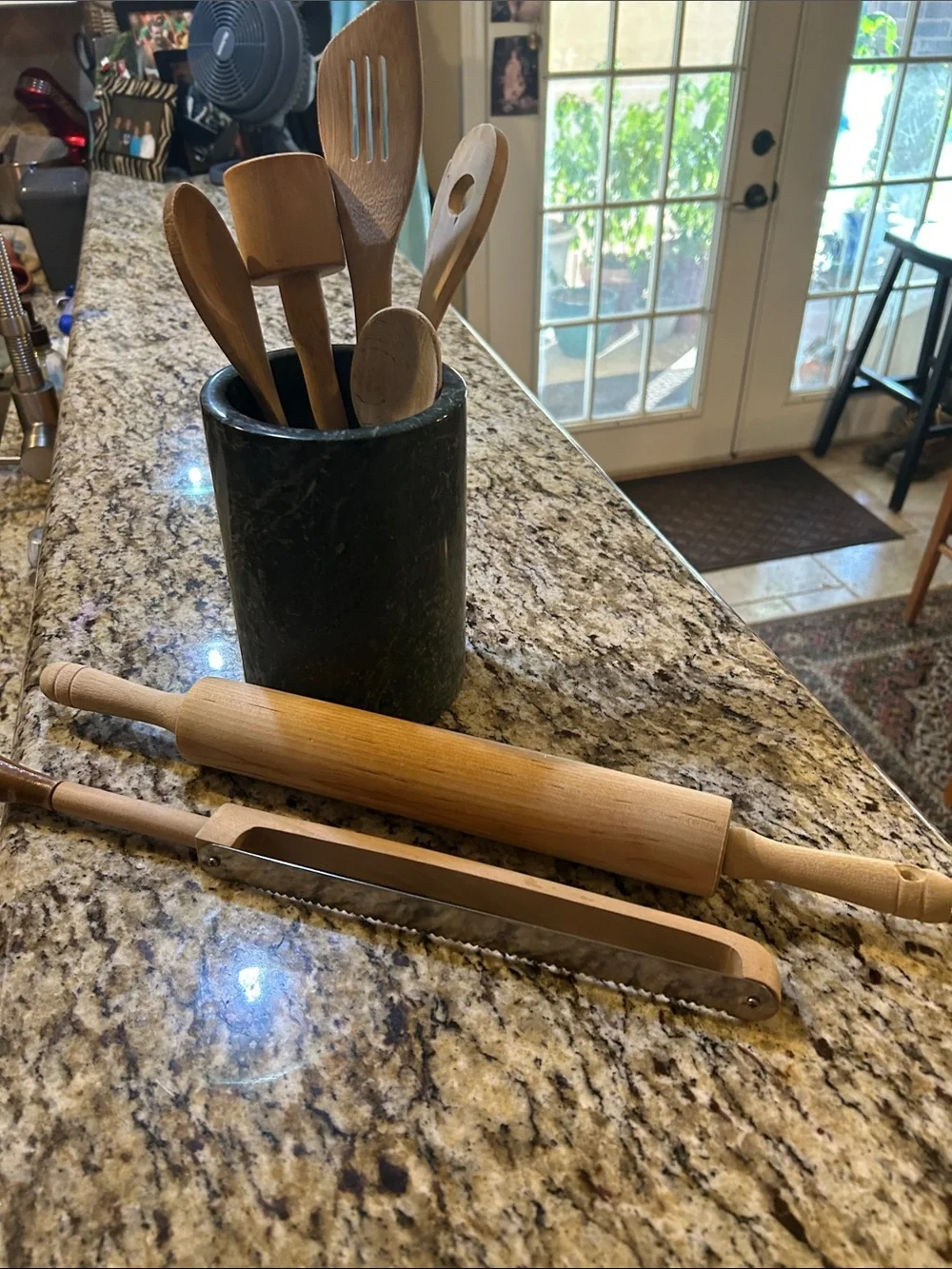 Wooden Kitchen 7 Piece Utensil Set with Black & Dark Green Marble Holder-Kitchen